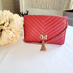 Badgley Mischka Red V Quilting Crossbody Bag With Gold Logo Tassel Purse